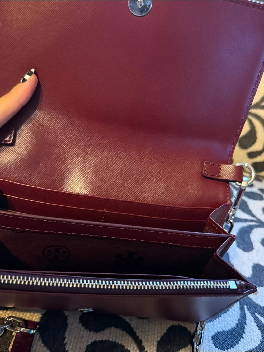 Tory Burch Burgundy Leather Crossbody with Orange Stripe